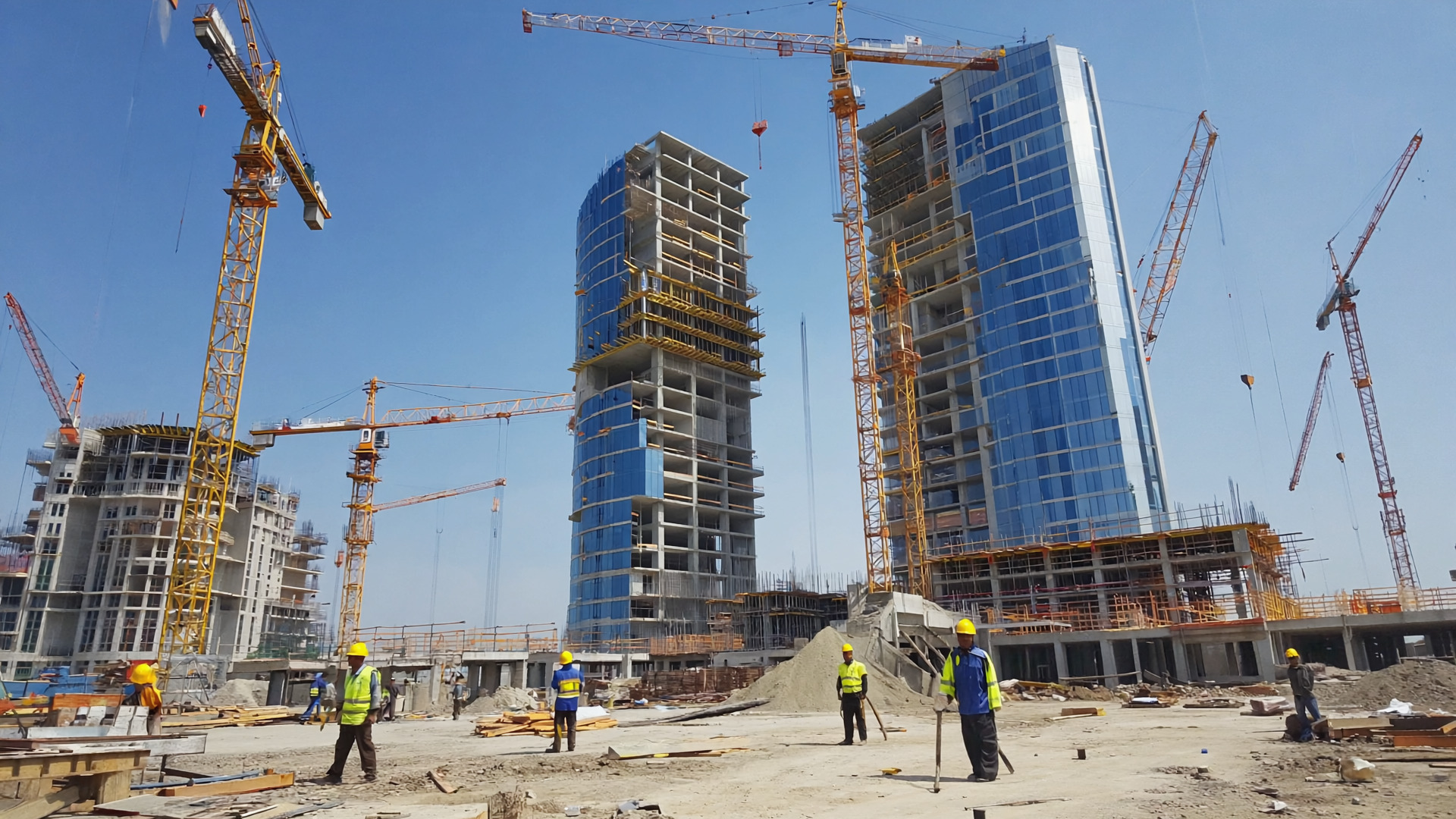 Chantier de construction moderne en Guinée avec grue et ouvriers au travail