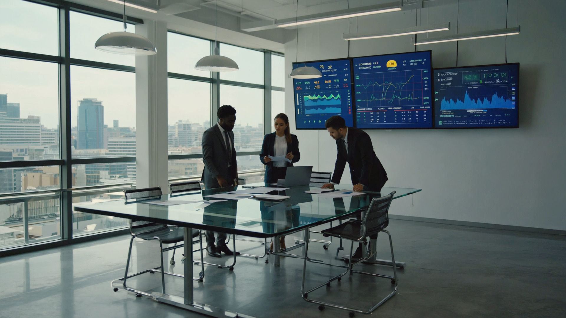 Bureau de négoce minier moderne à Conakry avec professionnels discutant contrats